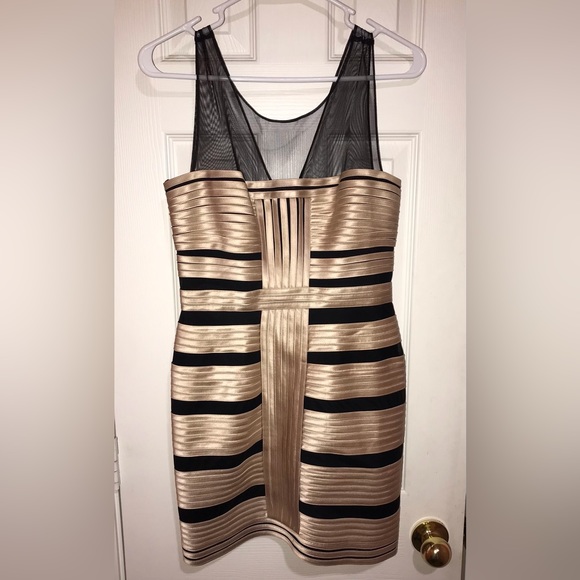 BCBGMaxAzria | Dresses | Bcbg Maxazria Gold Bandage Mini Dress With Mesh |  Poshmark
